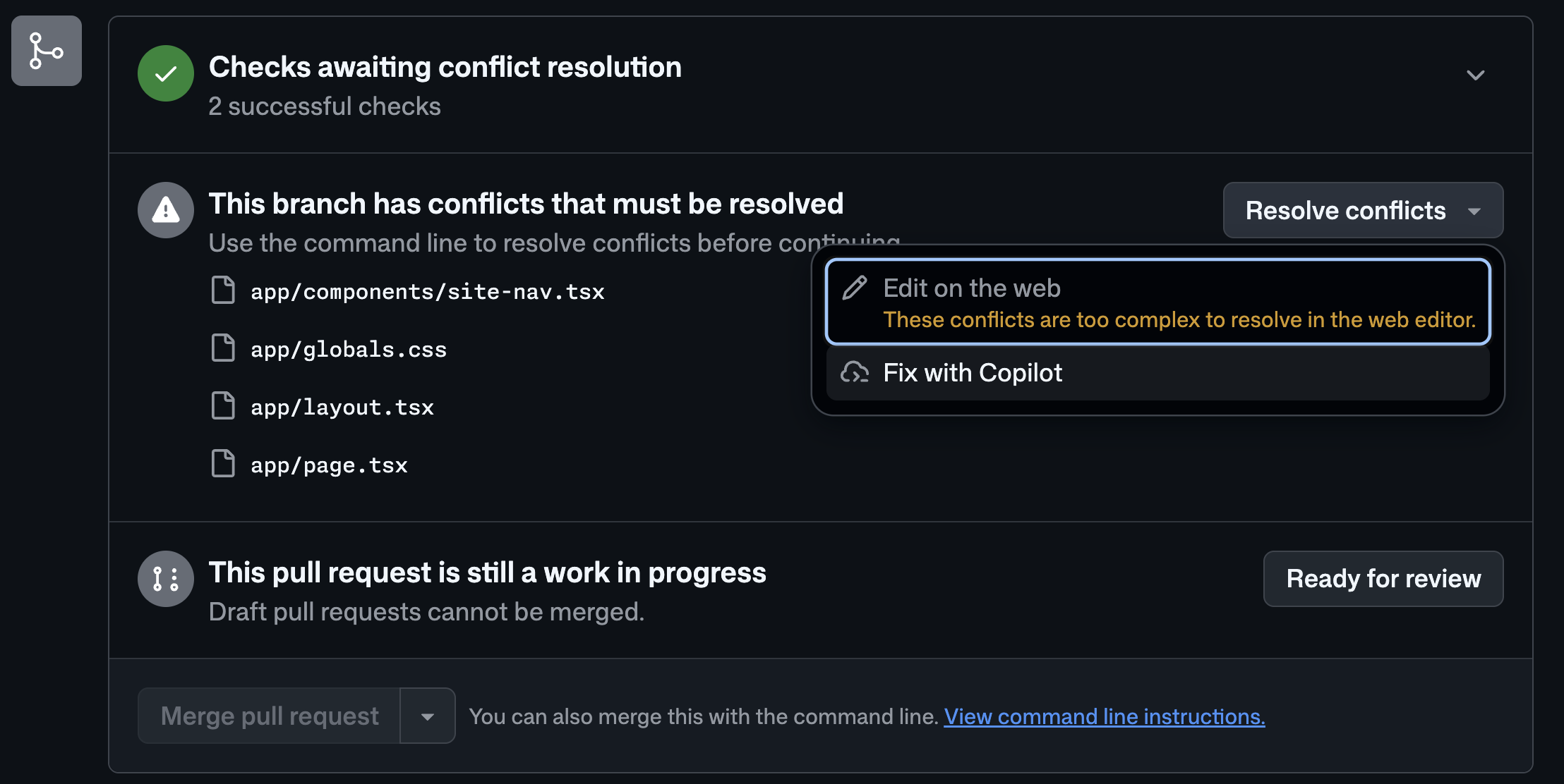 Fix with Copilot でコンフリクト解決