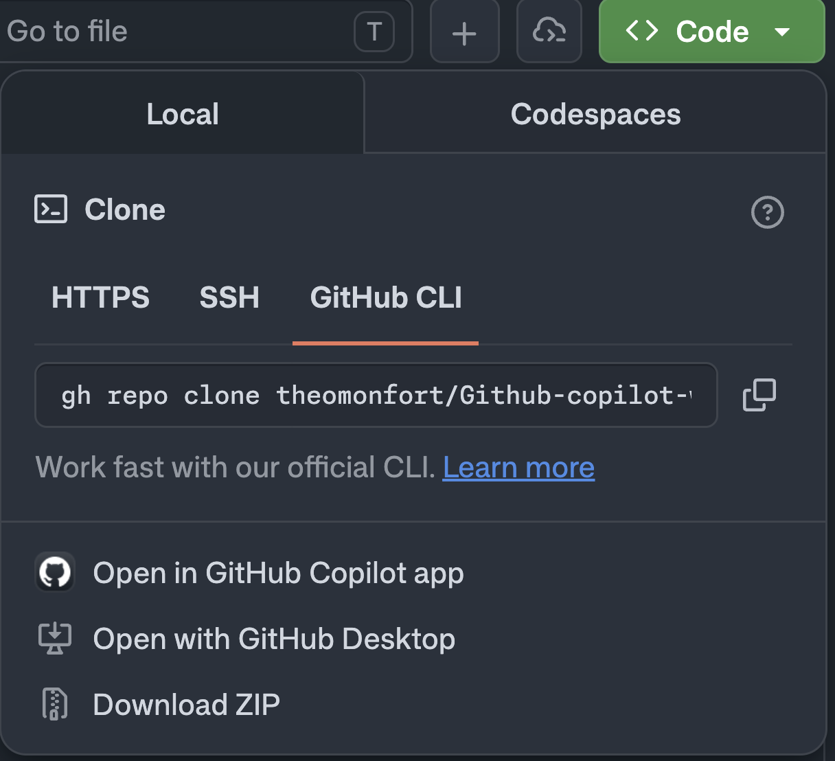 Code → Local → GitHub CLI のクローンコマンドをコピー