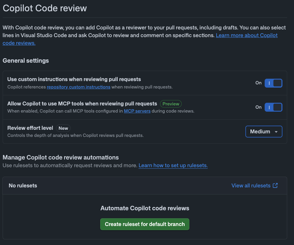 Copilot Code Review の設定画面