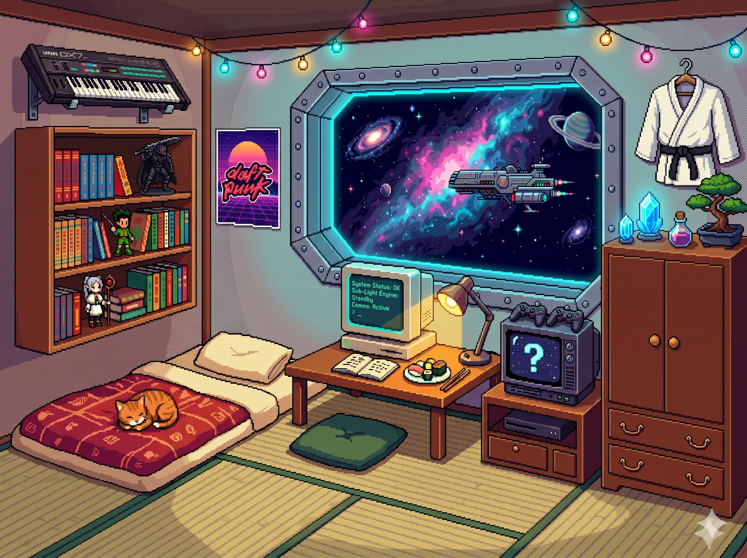 宇宙船の中の90年代日本のティーンの部屋。家具をクリックして探索できる。